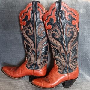 Larry Mahans Vintage Embroidered Tall Leather Cowgirl Boots Women's 5B 250 Brown
